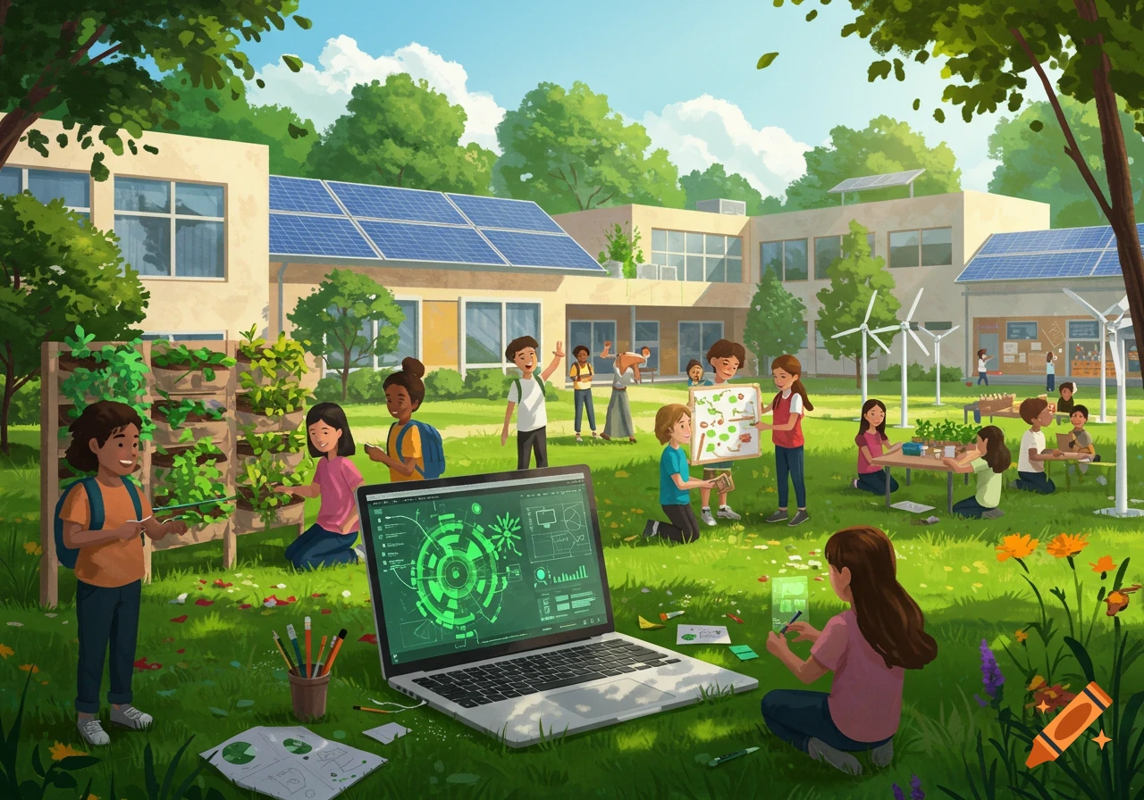 Vibrant illustration of children learning about sustainability at a school with solar panels, wind turbines, and gardens.