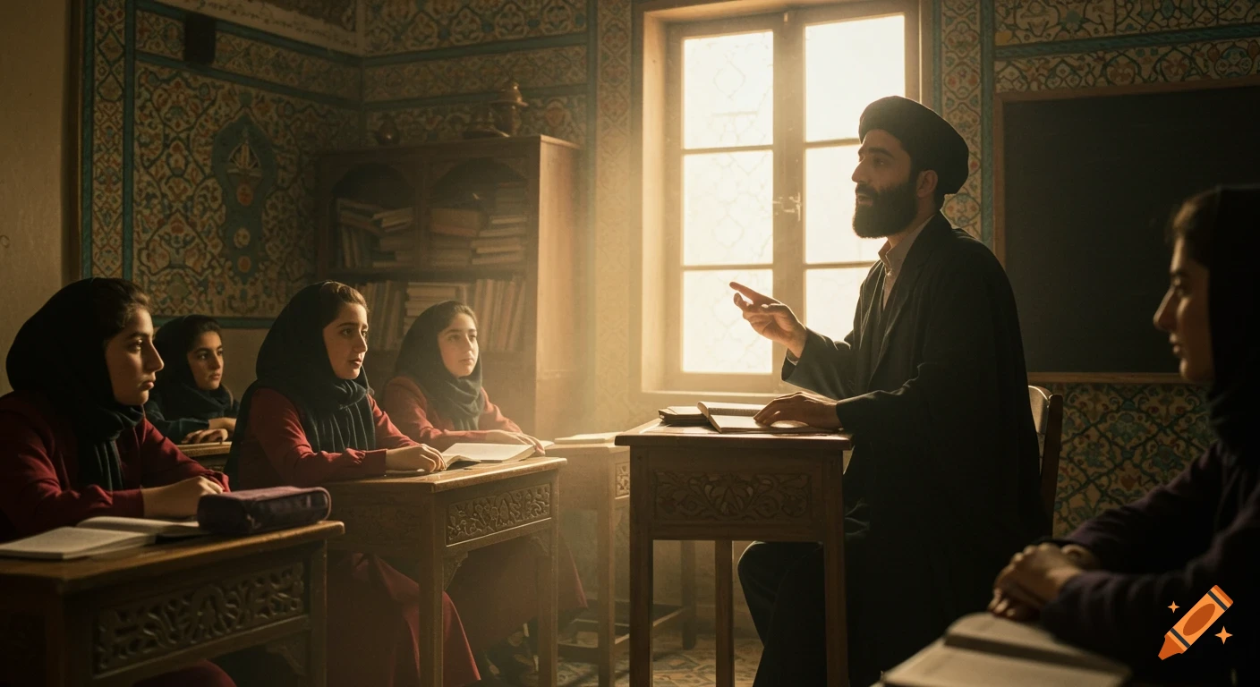 An Iranian teacher explains a lesson to female students in a traditional classroom, bathed in dramatic light from a window.