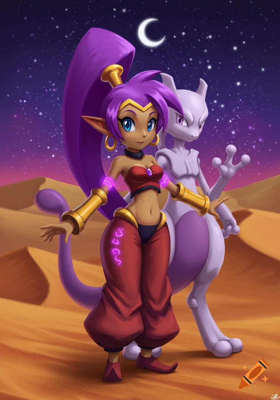 Shantae with purple hair and a red top stands next to Mewtwo in a desert under a starry night sky with a crescent moon.