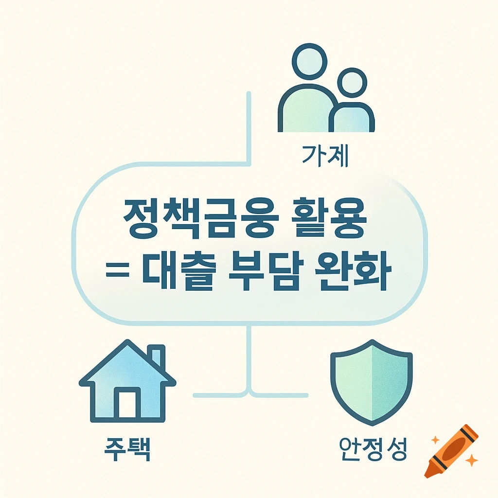Flat-style infographic with Korean text on policy finance and loan relief, connected to icons for family, house, and security.