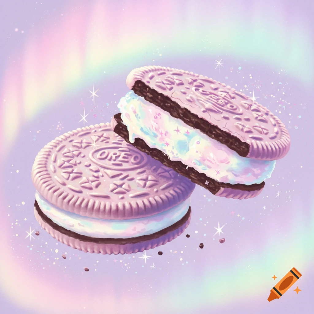 Two pastel pink Oreo-like cookies with colorful ice cream filling and sparkles against a soft rainbow background, whimsical style.
