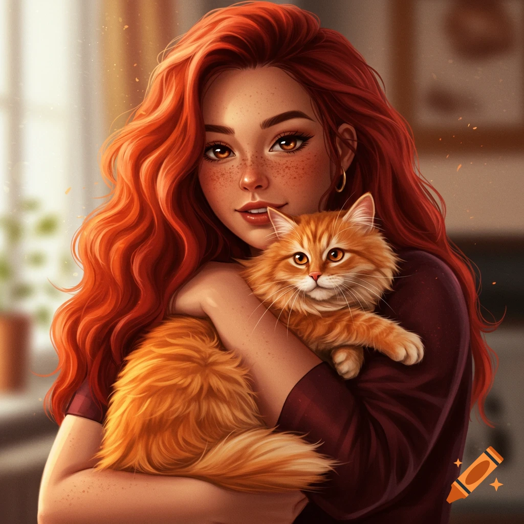 A smiling woman with long red hair and freckles holds a fluffy orange cat in a warm-toned digital illustration.