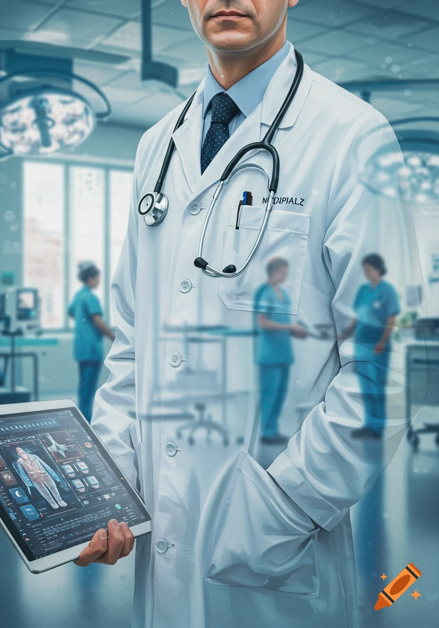 A photorealistic image of a doctor in a white lab coat and stethoscope, holding a tablet with medical data, in a hospital.