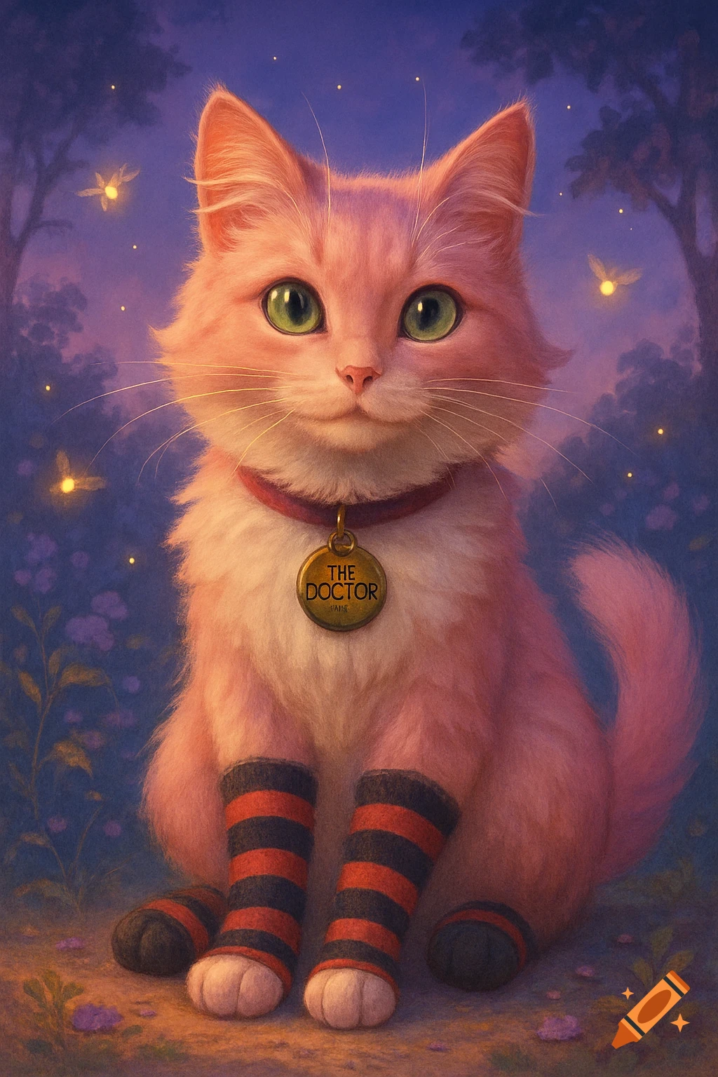 A fluffy pink cat with bright green eyes, wearing a collar with 'THE DOCTOR' tag and striped red and black socks, sits in a magical forest with fireflies.