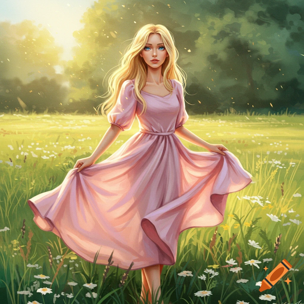 A young blonde woman in a pink dress stands in a sunny, flower-filled meadow, painted in a digital art style.