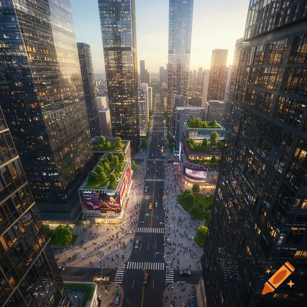 Aerial view of a bustling modern city street lined with towering glass skyscrapers and green rooftop gardens, illuminated by golden hour light.