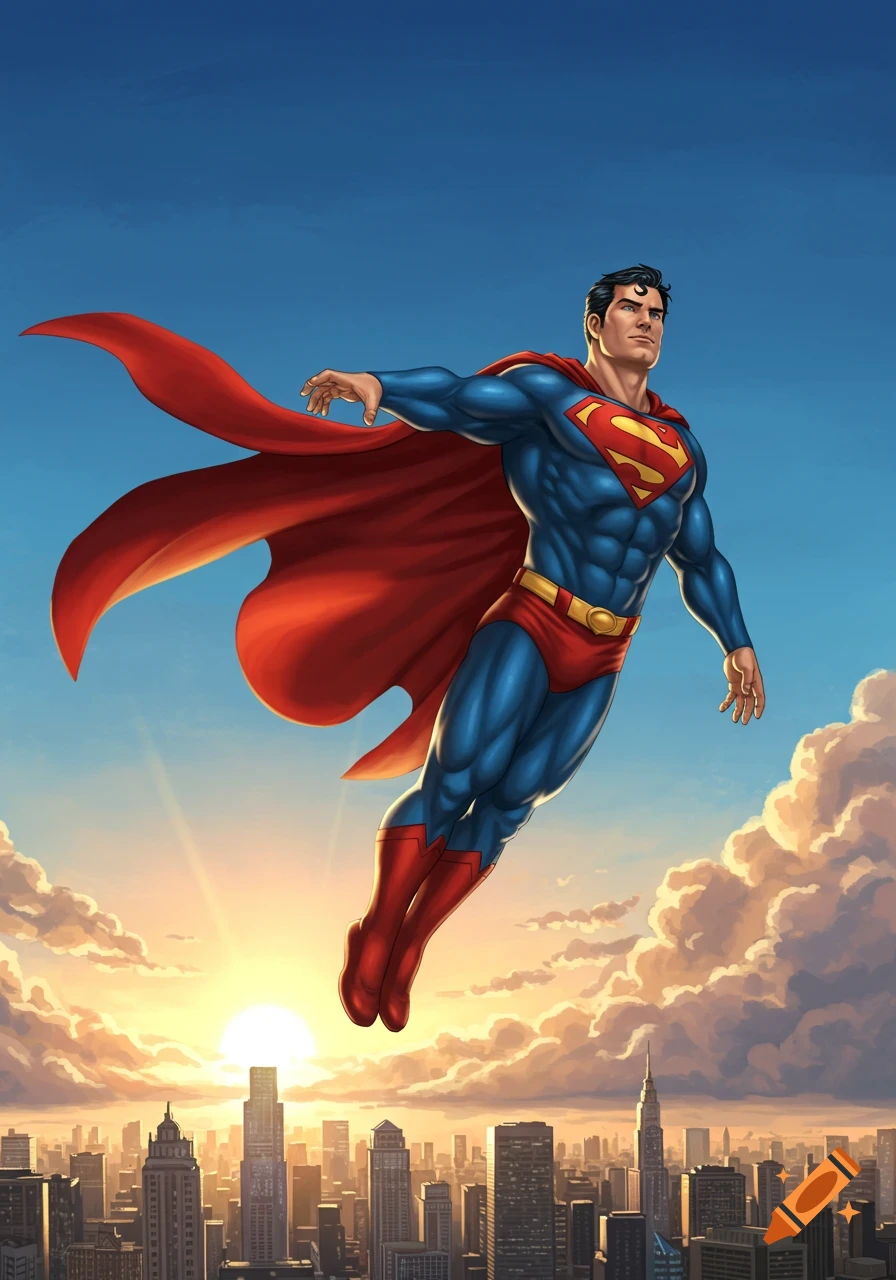 Superman, in his iconic blue and red suit with a flowing red cape, flies above a city skyline at sunset in a vibrant comic art style.