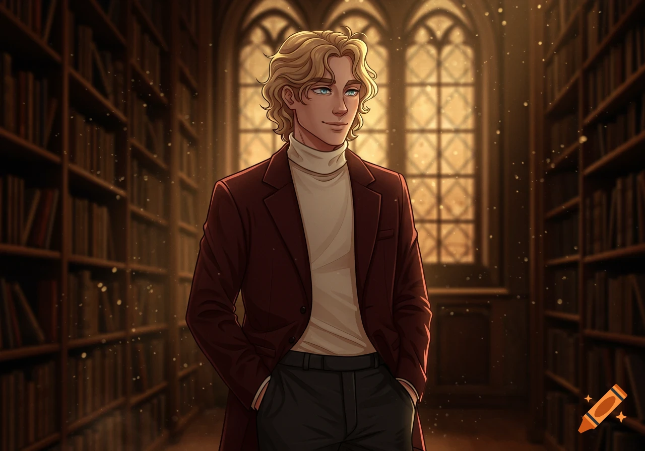 An animation-style drawing of a blonde man in a blazer and turtleneck, standing relaxed in a library with gothic windows.