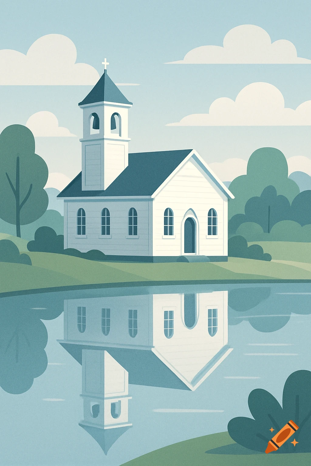 Illustration of a white country church with a bell tower by a calm lake, surrounded by green hills and trees under a cloudy sky.