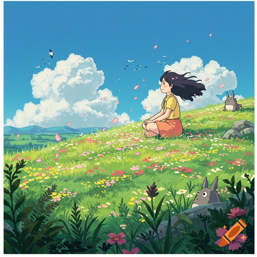Ghibli-style illustration of a girl sitting in a vibrant wildflower field with falling petals under a blue sky, with two Totoro-like creatures.