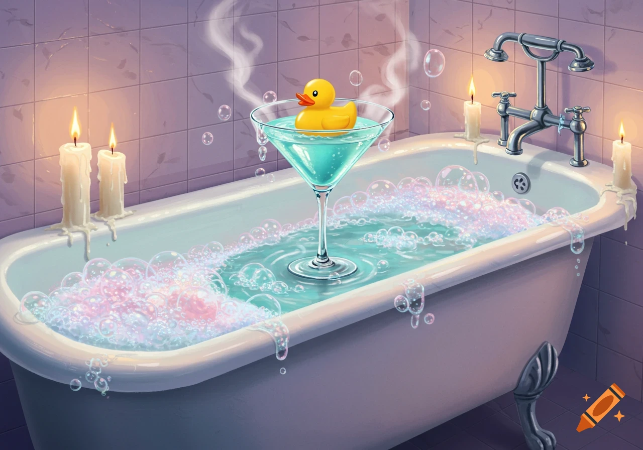Illustrative view of a rubber duck floating in a martini glass filled with blue liquid, sitting in a bubble bath with lit candles.