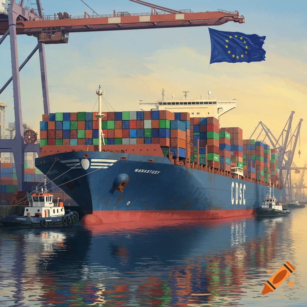 A large blue container ship with red hull is docked in a bustling harbor under an EU flag, with tugboats and cranes around, in an illustration style.