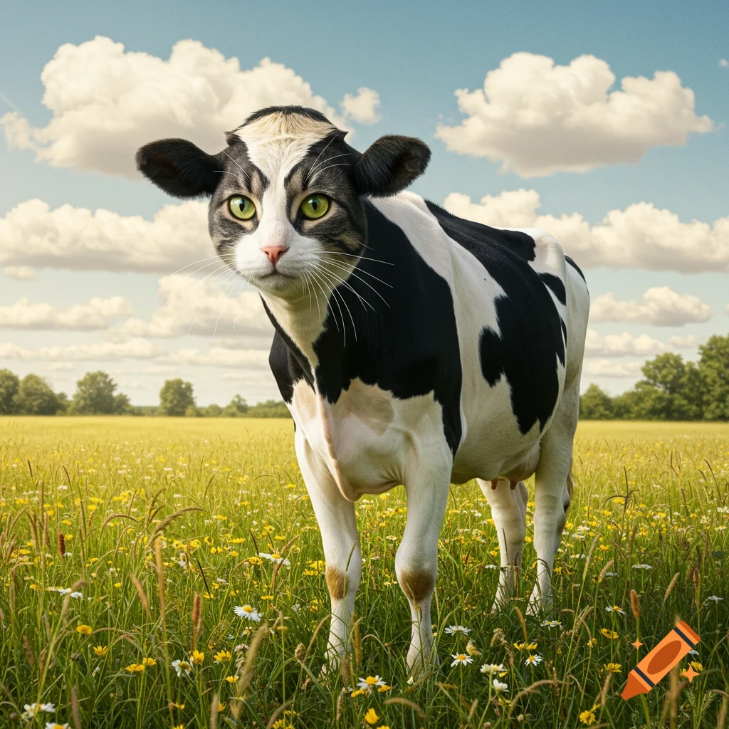 A cat-headed cow with green eyes stands in a grassy field with wildflowers under a blue sky with fluffy clouds. Photorealistic.