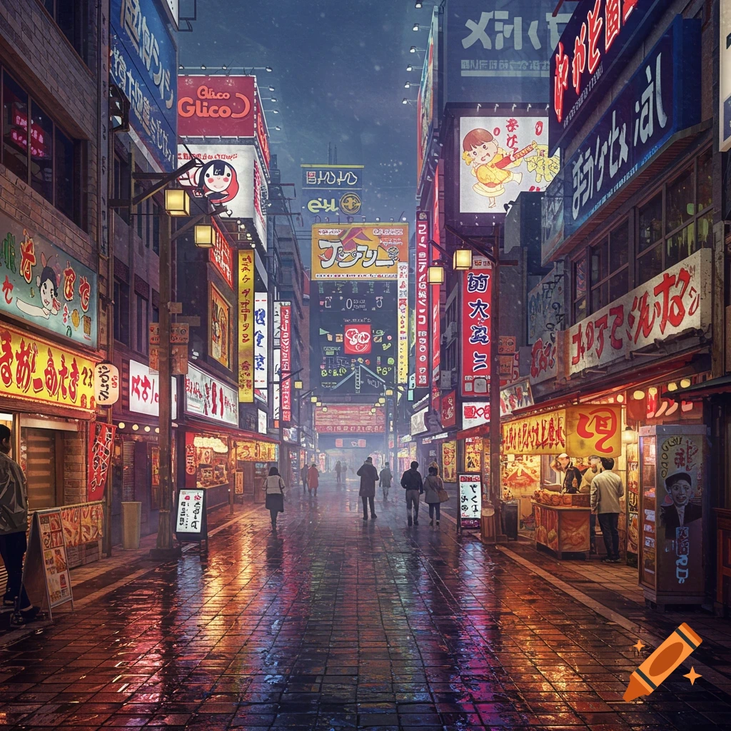 A vibrant, neon-lit street in a Japanese city at night, with people walking on a wet, reflective sidewalk past numerous shops and billboards.