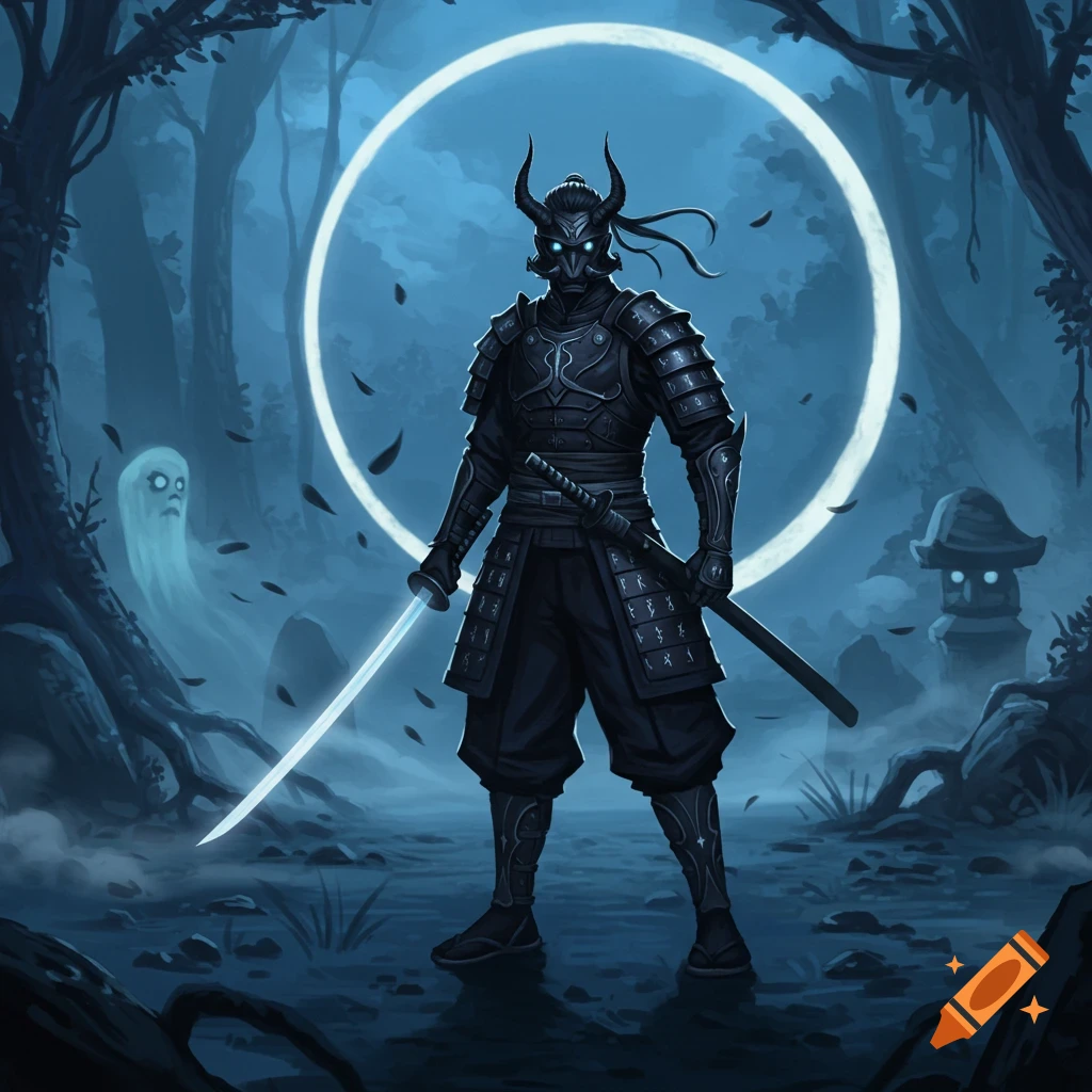 A masked, horned samurai in black armor wields glowing swords in a dark, moonlit forest with a white ghost.
