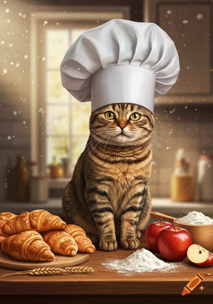 A tabby cat wearing a tall white chef hat sits on a wooden table next to croissants, apples, and flour in a warmly lit kitchen. Digital art.