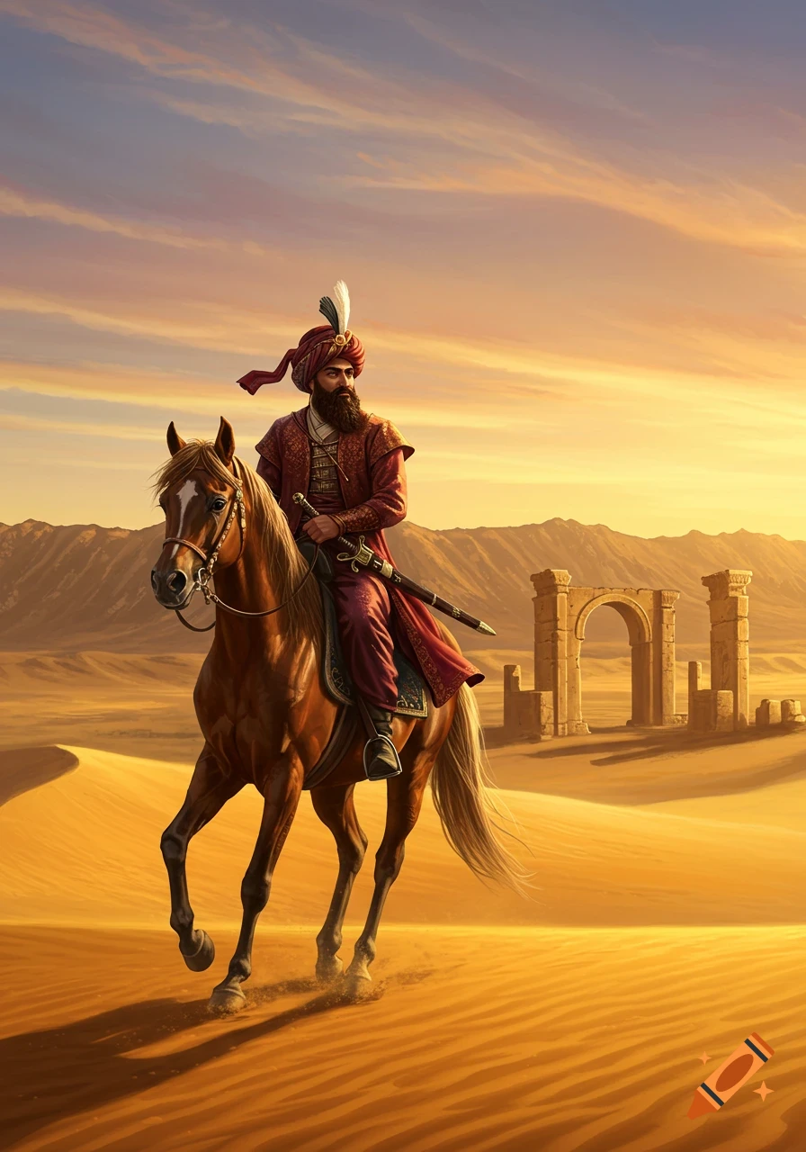 A bearded man in a red tunic and turban rides a brown horse through a golden desert with ancient ruins at sunset.
