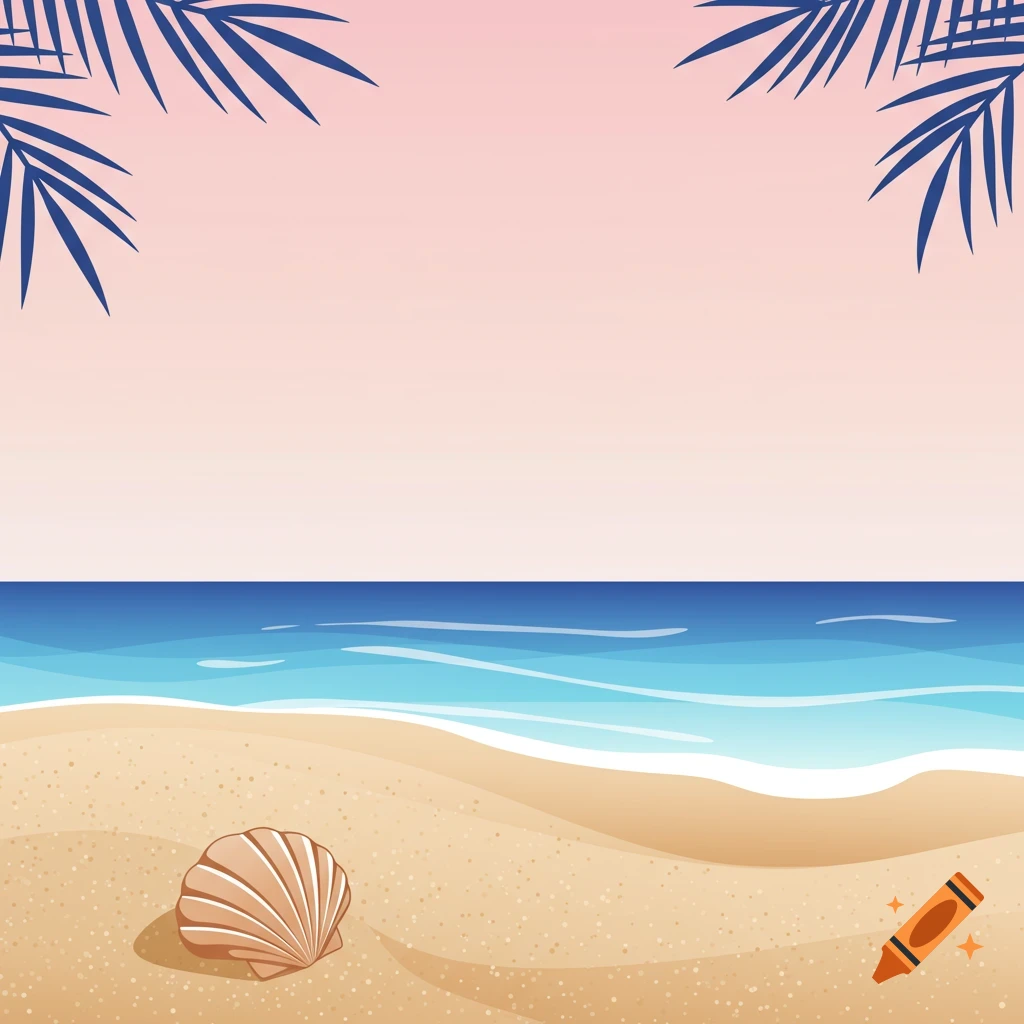 A cartoon illustration of a sandy beach with the ocean, a seashell, and palm leaves at the top.