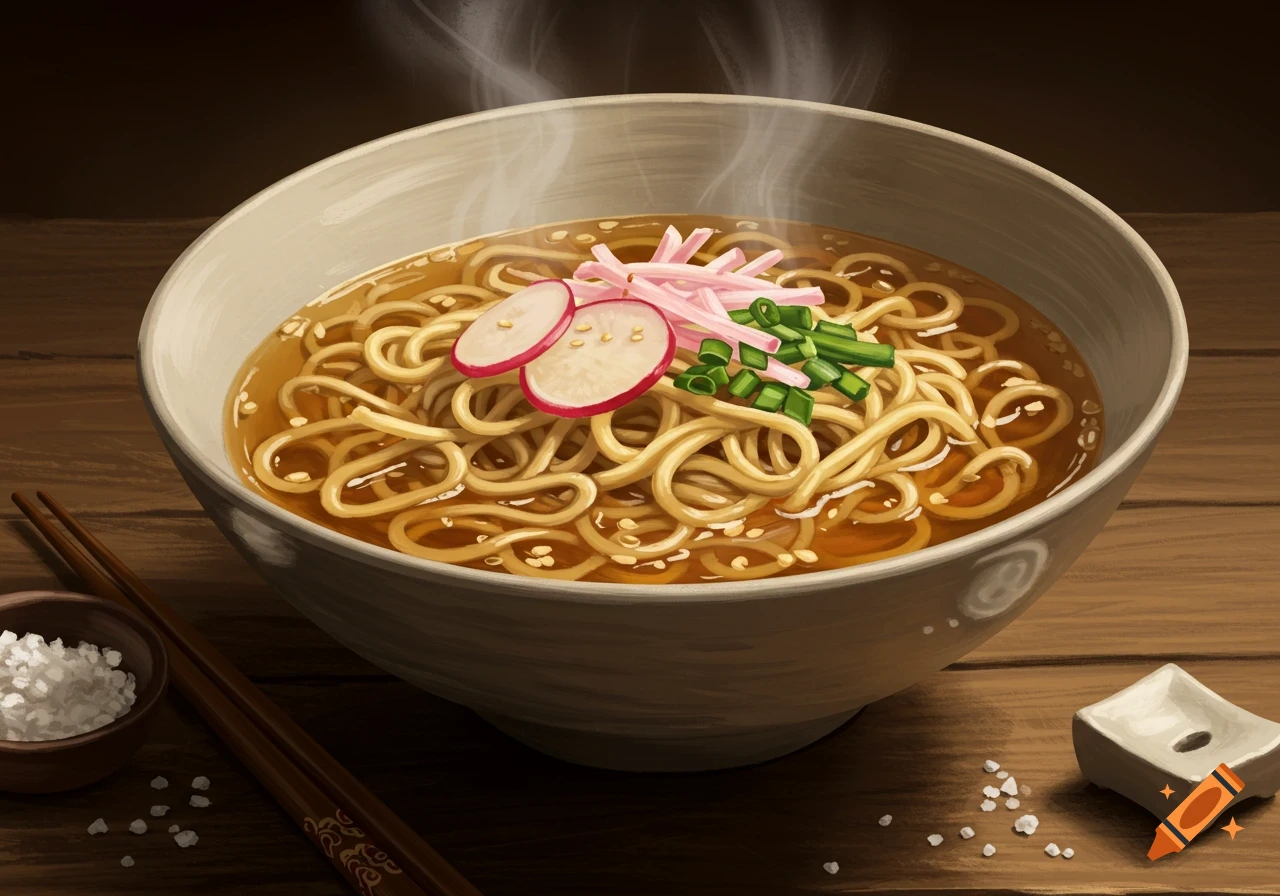 A steaming bowl of ramen noodle soup with radishes, green onions, and pink pickled ginger, served on a wooden table with chopsticks and salt.