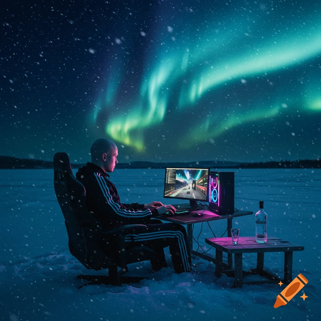 A man with a shaved head in an Adidas tracksuit plays video games on a glowing PC setup in the snow under the Northern Lights.