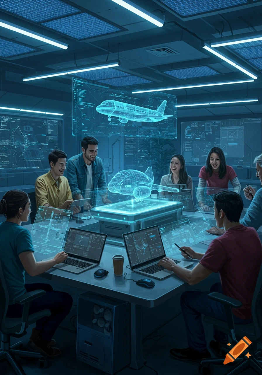 A diverse team collaborates in a futuristic tech lab, discussing holographic airplane designs and data on screens.