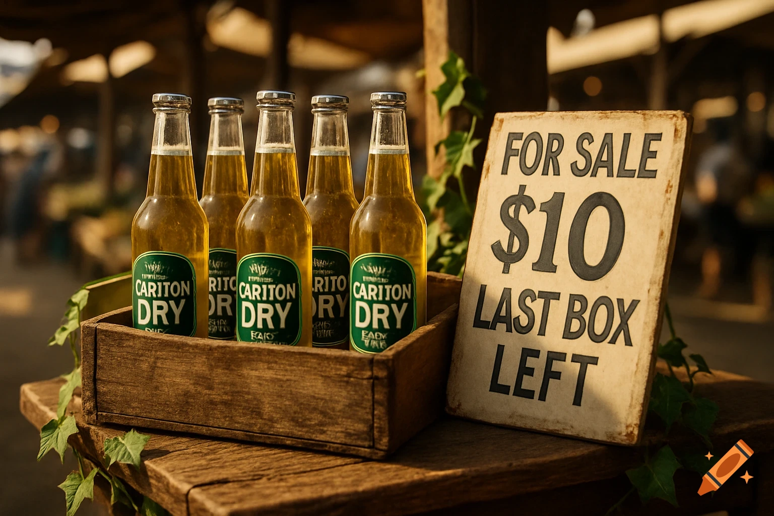 Five Carlton Dry beer bottles in a wooden crate next to a 'FOR SALE $10 LAST BOX LEFT' sign in an outdoor market.