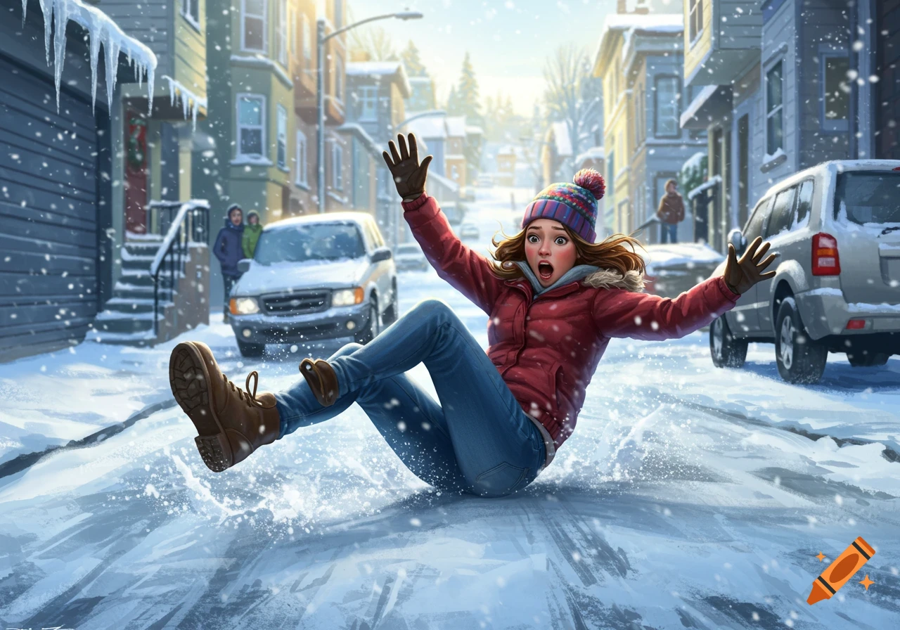 A young woman in a red coat and hat falls on an icy city street, screaming, amidst falling snow. Digital illustration.