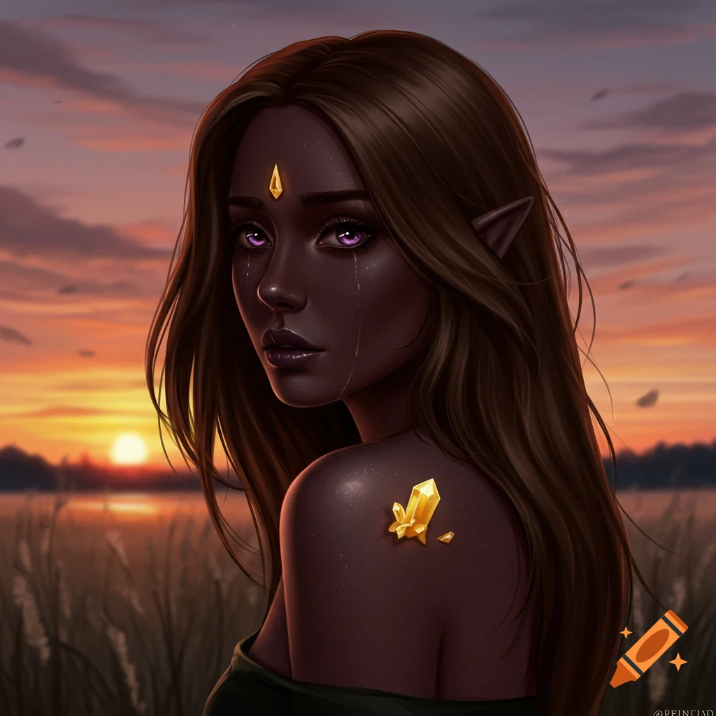 Digital painting of a dark-skinned, long-haired elf woman with purple eyes and shoulder crystals, shedding a tear against a sunset.