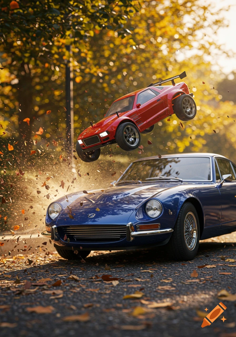 A red RC car jumps over a blue classic car on a sunlit road as autumn leaves scatter around. Photorealistic.