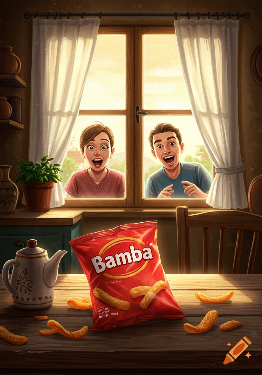 An illustrated scene of a red Bamba snack bag on a wooden table, with two people looking in through a sunlit window with surprised expressions.