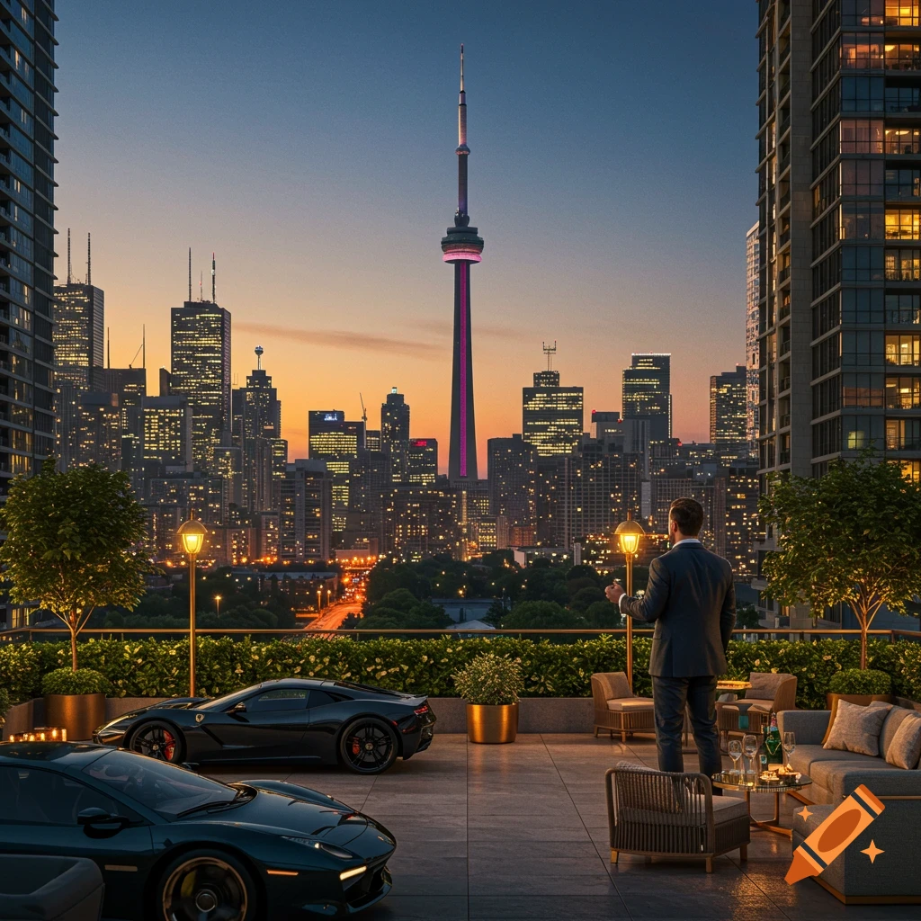 A man in a suit stands on a luxury rooftop patio with sports cars, overlooking the photorealistic Toronto skyline at dusk.