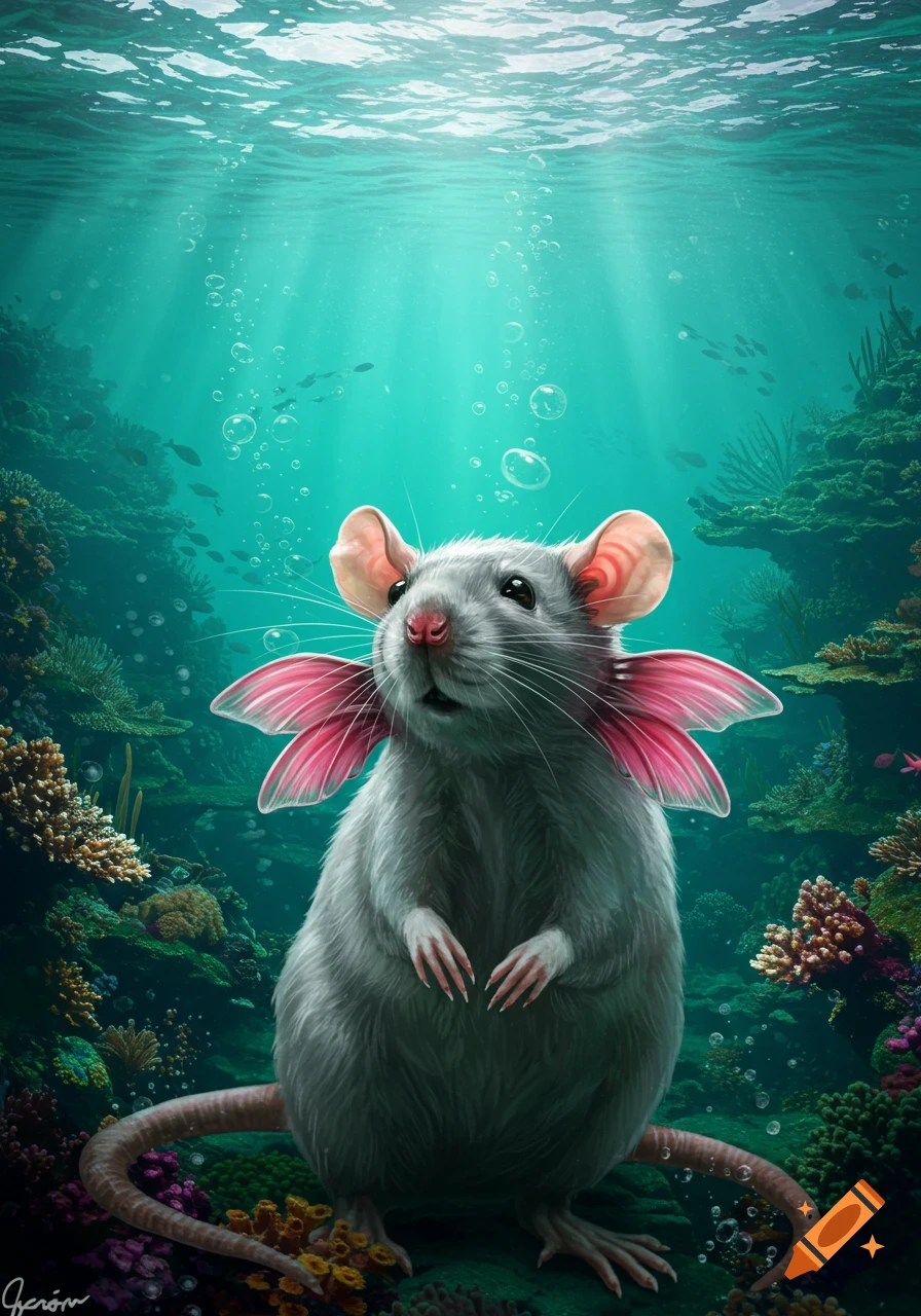 A detailed illustration of a grey rat with pink gills, standing on a coral reef underwater, with light rays filtering through the water.