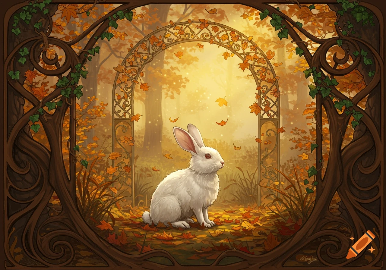 A white rabbit sits on autumn leaves in an Art Nouveau-style forest archway, golden light and falling leaves.