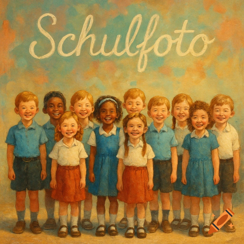 A group of diverse school children smiling, posed for a school photo in an oil painting style. 'Schulfoto' is written above them.