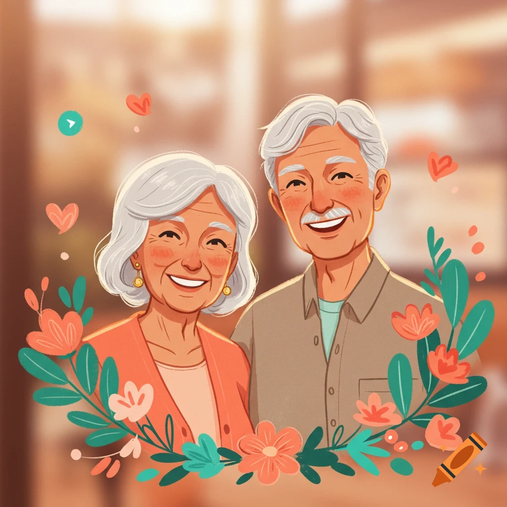 An illustrated portrait of a smiling elderly couple, framed by colorful flowers and hearts on a blurred warm background.