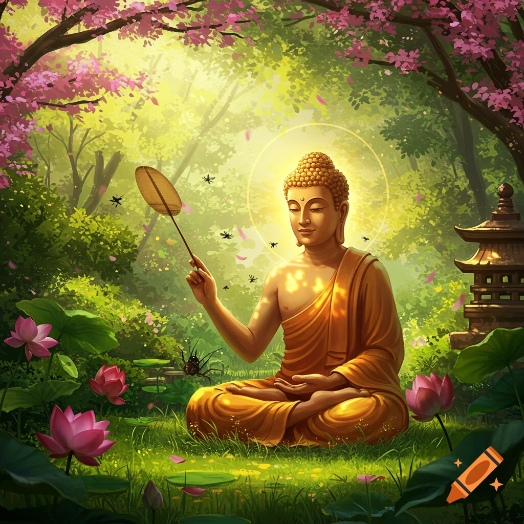 Golden Buddha meditates in a vibrant, lush fantasy forest with cherry blossoms and lotus flowers, gently fanning insects.