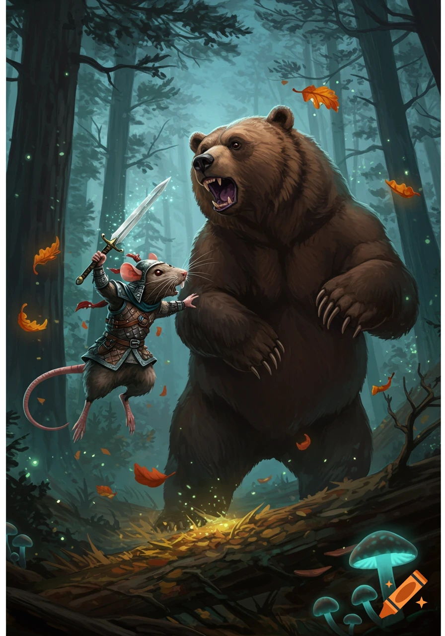 A small rat warrior with a glowing sword confronts a large, roaring bear in a dark, magical forest.