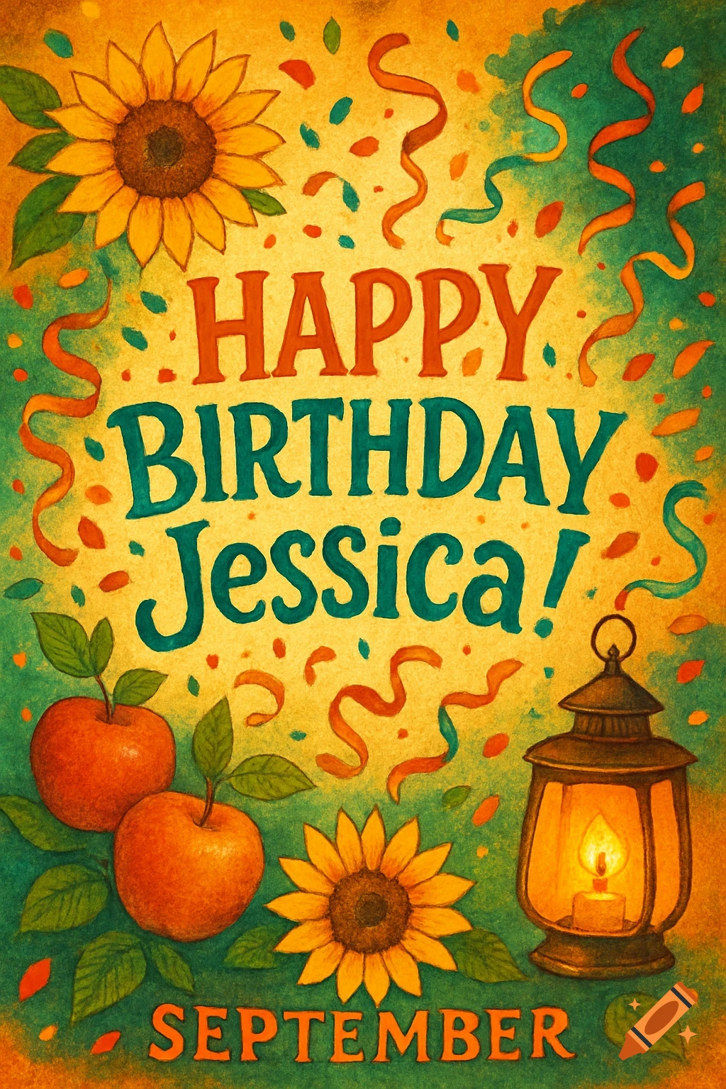 A vibrant watercolor birthday card with 'Happy Birthday Jessica! September', sunflowers, apples, a glowing lantern, and confetti.
