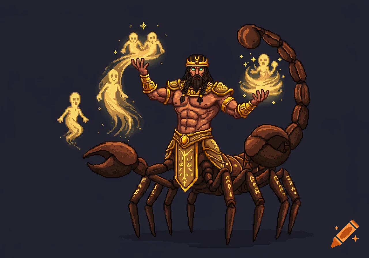 A pixel art man-scorpion hybrid, with a muscular humanoid upper body in golden armor and crown, casting spells to summon golden ghost-like minions from his hands.
