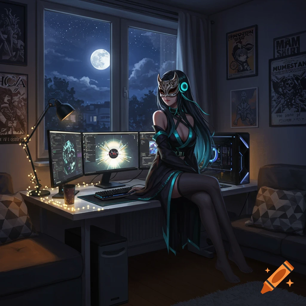An anime woman with a mask and long blue-streaked hair sits on a desk with a gaming PC and three monitors at night. Full moon visible outside a large window.