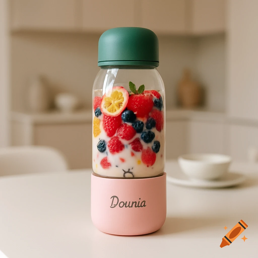 Photorealistic pink and green blender labeled 'Dounia' on a white table, filled with mixed fresh fruits and milk.