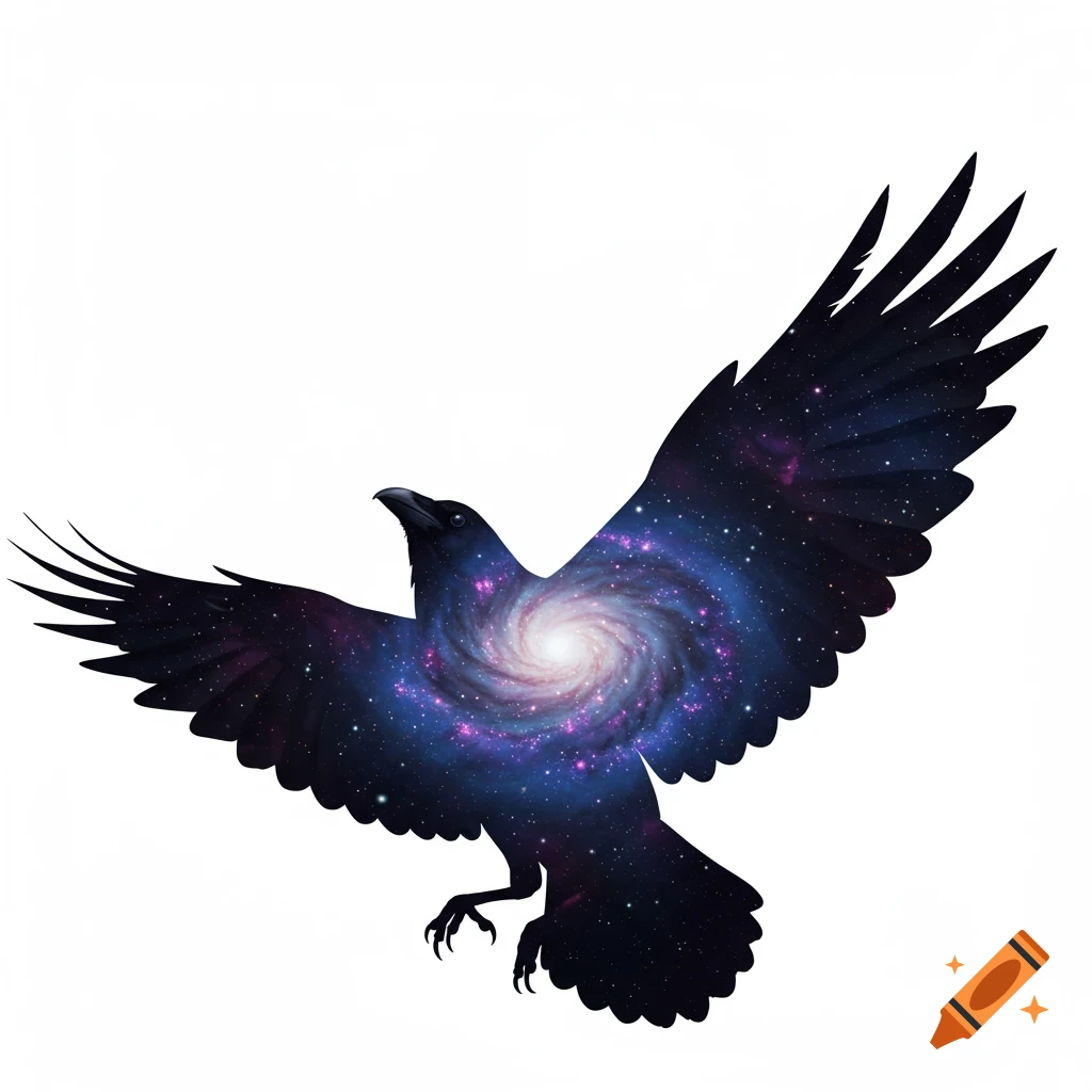 A stylized black bird with wide-stretched wings contains a vibrant swirling galaxy within its body against a white background.