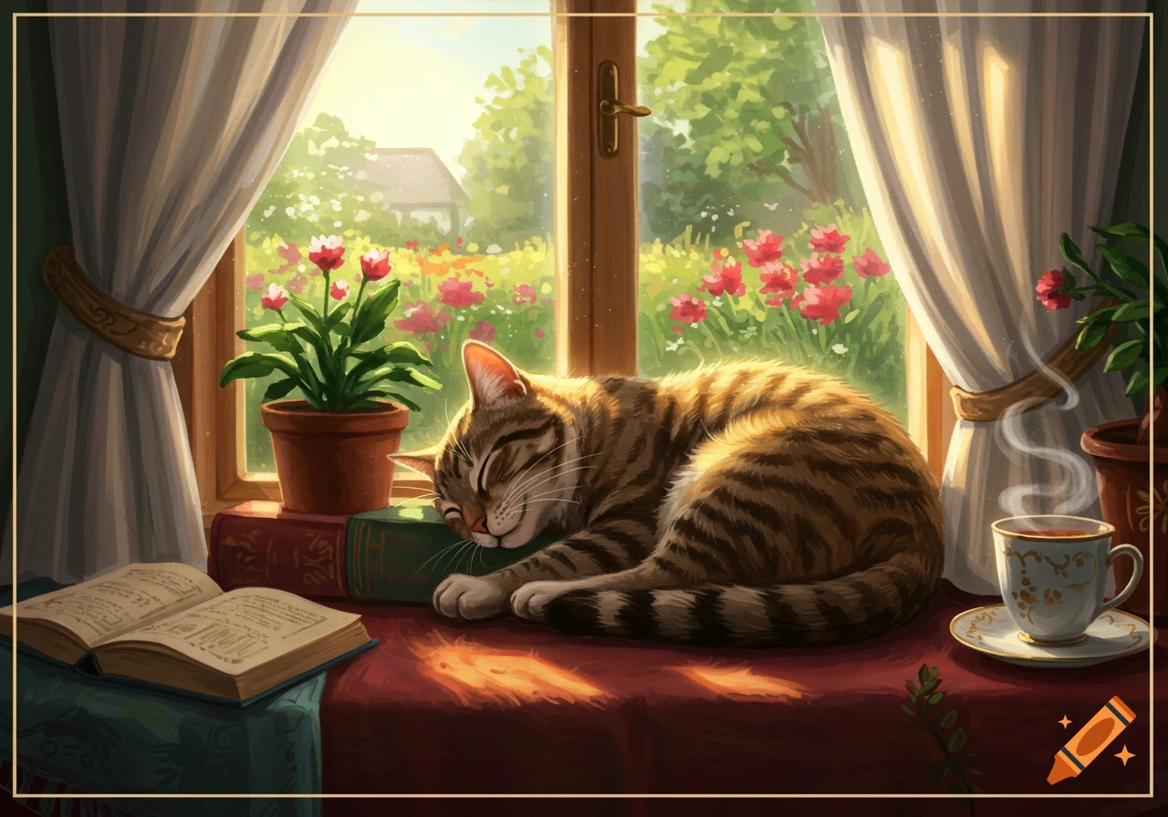 A sleeping tabby cat on a windowsill with an open book, flowers, and a steaming teacup. Bright garden view, painterly style.