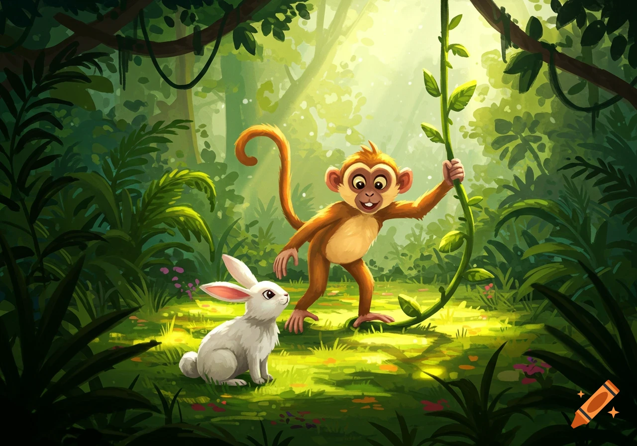 A cartoon monkey holding a vine stands next to a white rabbit in a lush, sunlit jungle illustration.