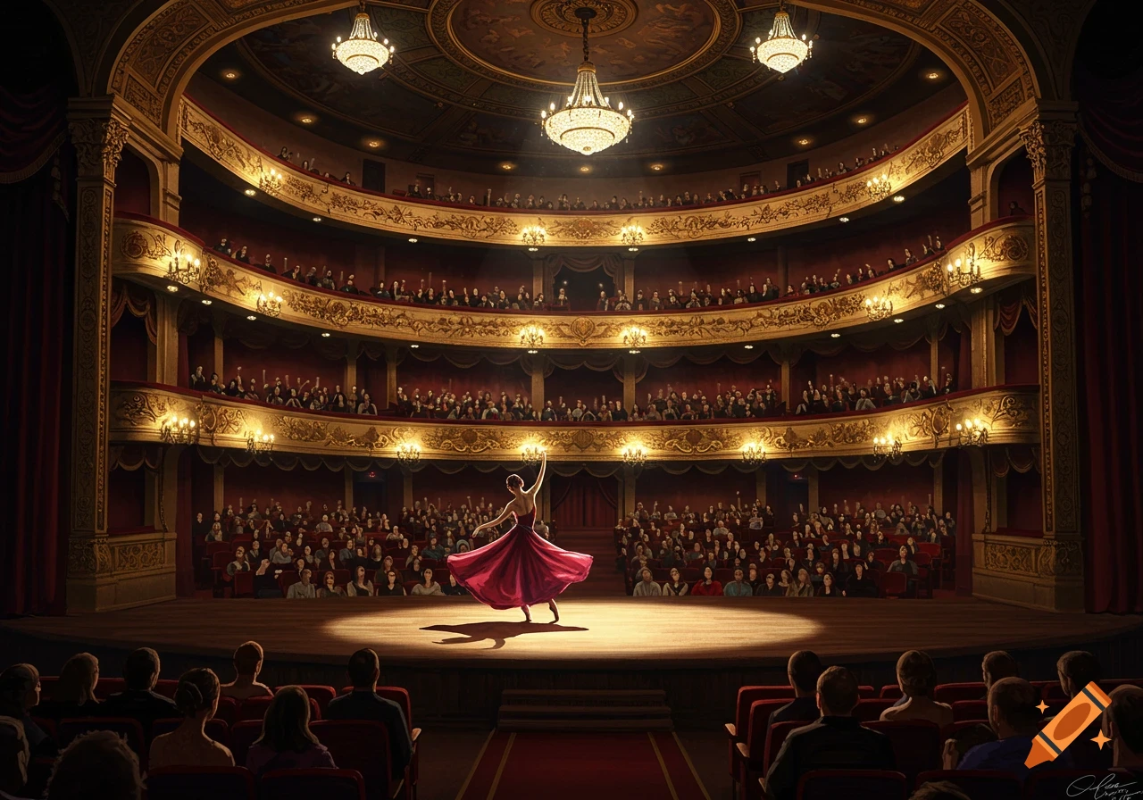 A lone dancer in a flowing red dress performs on a spotlighted stage in a grand, ornate theater packed with spectators.