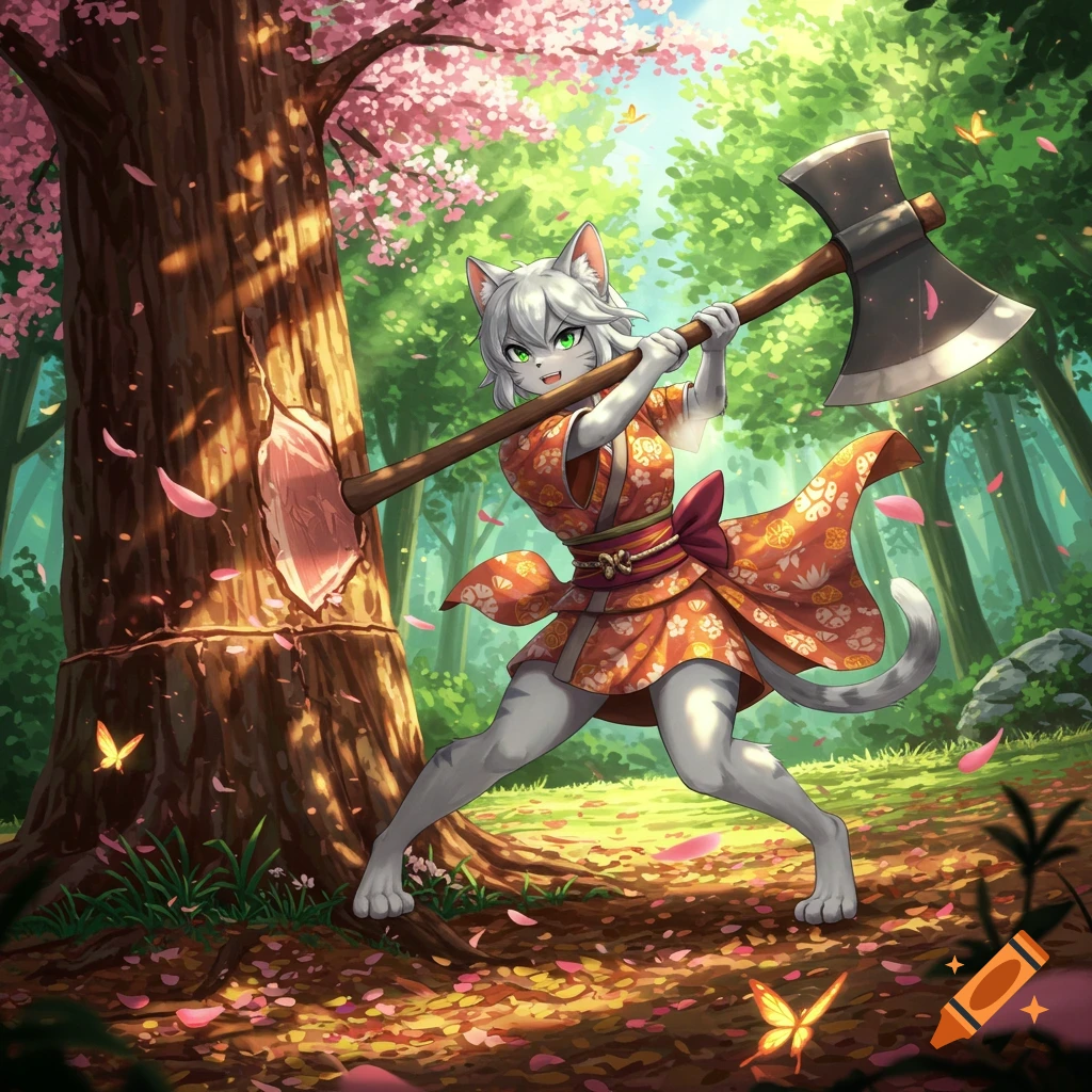 Anime catgirl in an orange kimono chopping a tree in a cherry blossom forest with a large axe.