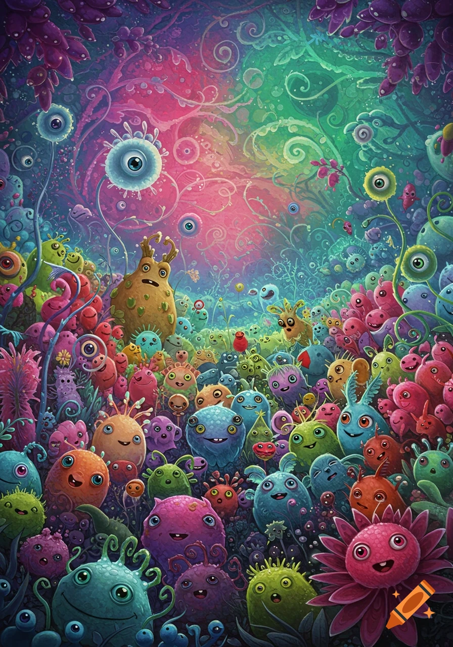 Vibrant, whimsical illustration of a fantastical world teeming with countless cute, colorful, blob-like alien creatures with big eyes and smiles.