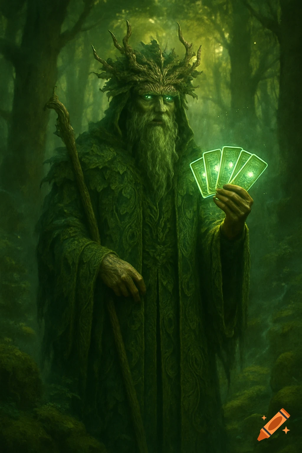 A bearded, moss-covered forest wizard with glowing eyes and branch crown stands in a dark forest, holding luminous green playing cards.