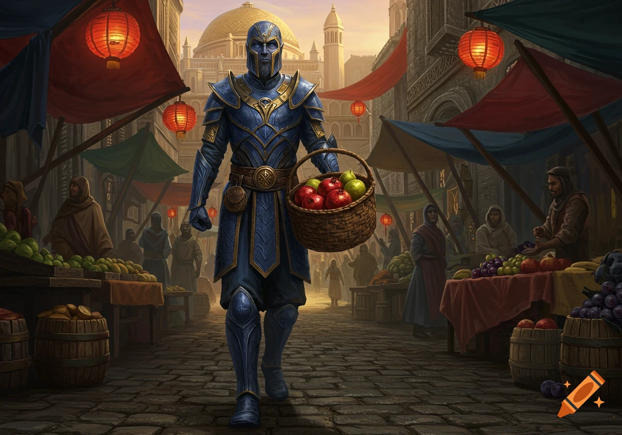 An armored Ordinator walks through a bustling fantasy market, carrying a basket of fruit. Elder Scrolls style.