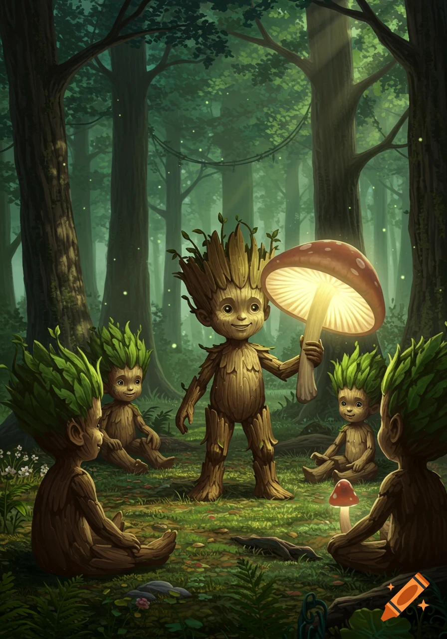 A group of cute, stylized tree-like creatures in an enchanted forest, one holding a glowing mushroom while others watch.